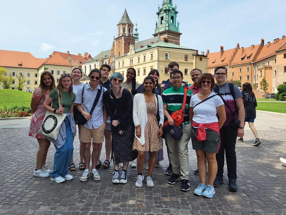 Professor Eric Boynton with his Global Experience Seminar students exploring Krakow, Poland.